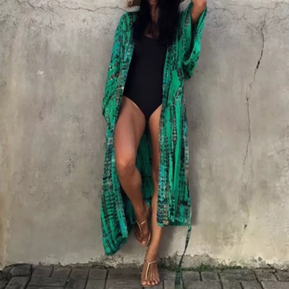 SOLD OUT Green Tie Dye Boho Swim Coverup Kimono Robe - Picture 2 of 3